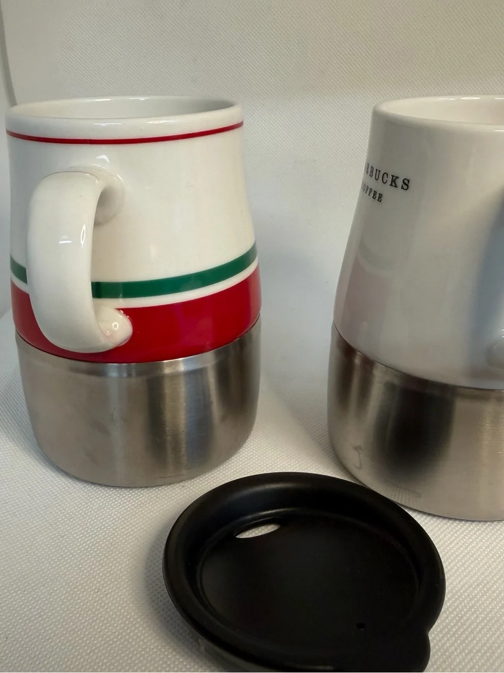 Two Starbucks Travel 14 Oz Mugs One Lid 2005/2006 Stainless Steel Bottoms